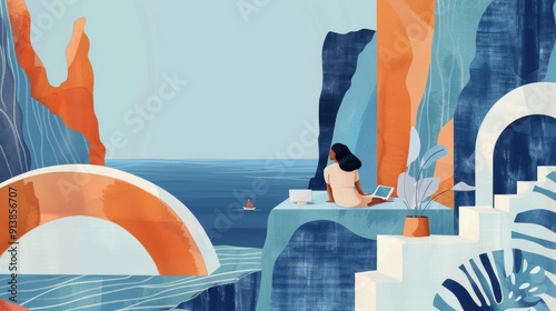 A cartoon happy woman, on a laptop with a nice view on cliffs and sea, on a balcony