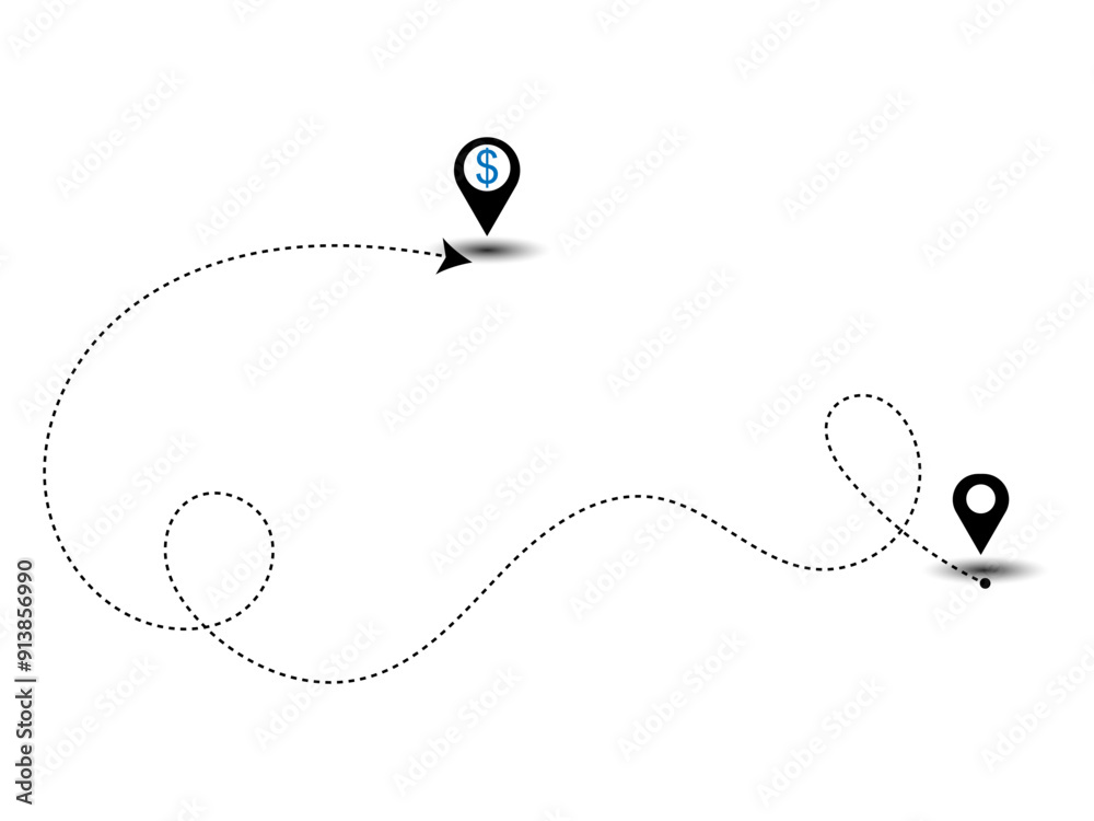 Fototapeta premium Geolocation with dollar currency symbols dashed line arrow route path location pin with winding vector.