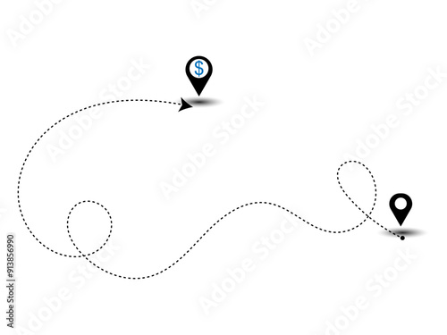 Geolocation with dollar currency symbols dashed line arrow route path location pin with winding vector.