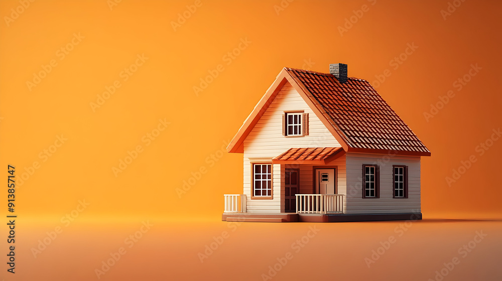 A small house with a brown roof and orange background. A small house with a brown roof and orange background.