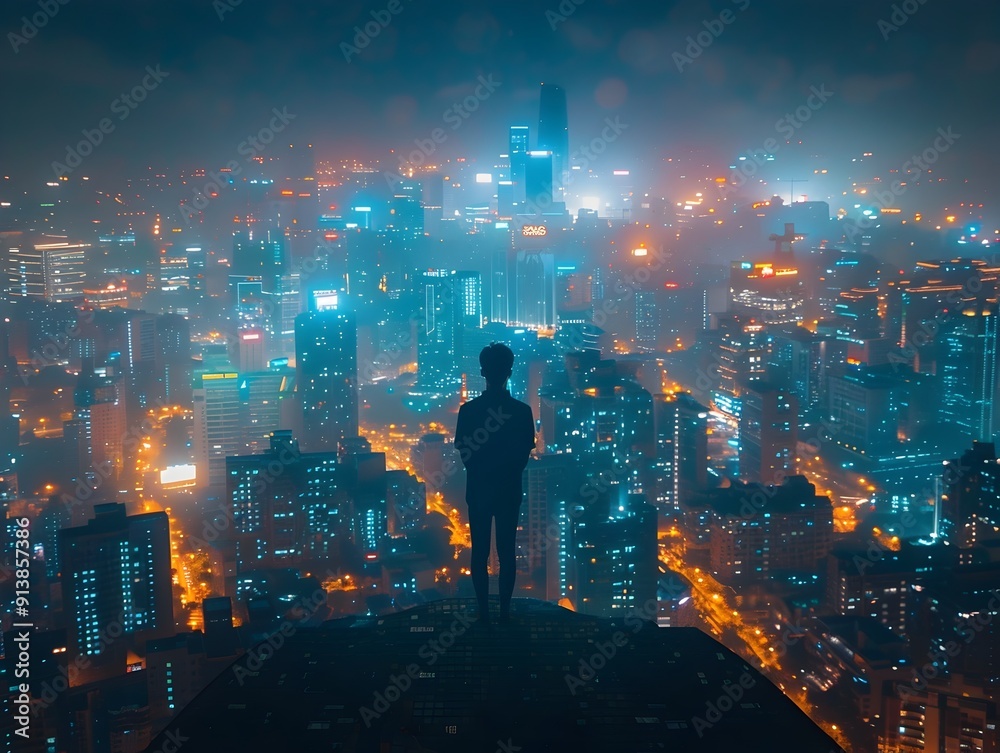 Lone Figure Gazes Out Over Twinkling Cityscape at Night from Skyscraper Summit Lone Figure Gazes Out Over Twinkling Cityscape at Night from Skyscraper Summit