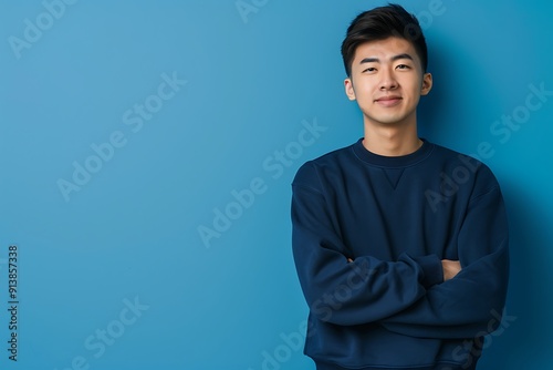 Smiling Asian man with arms crossed against a blue background