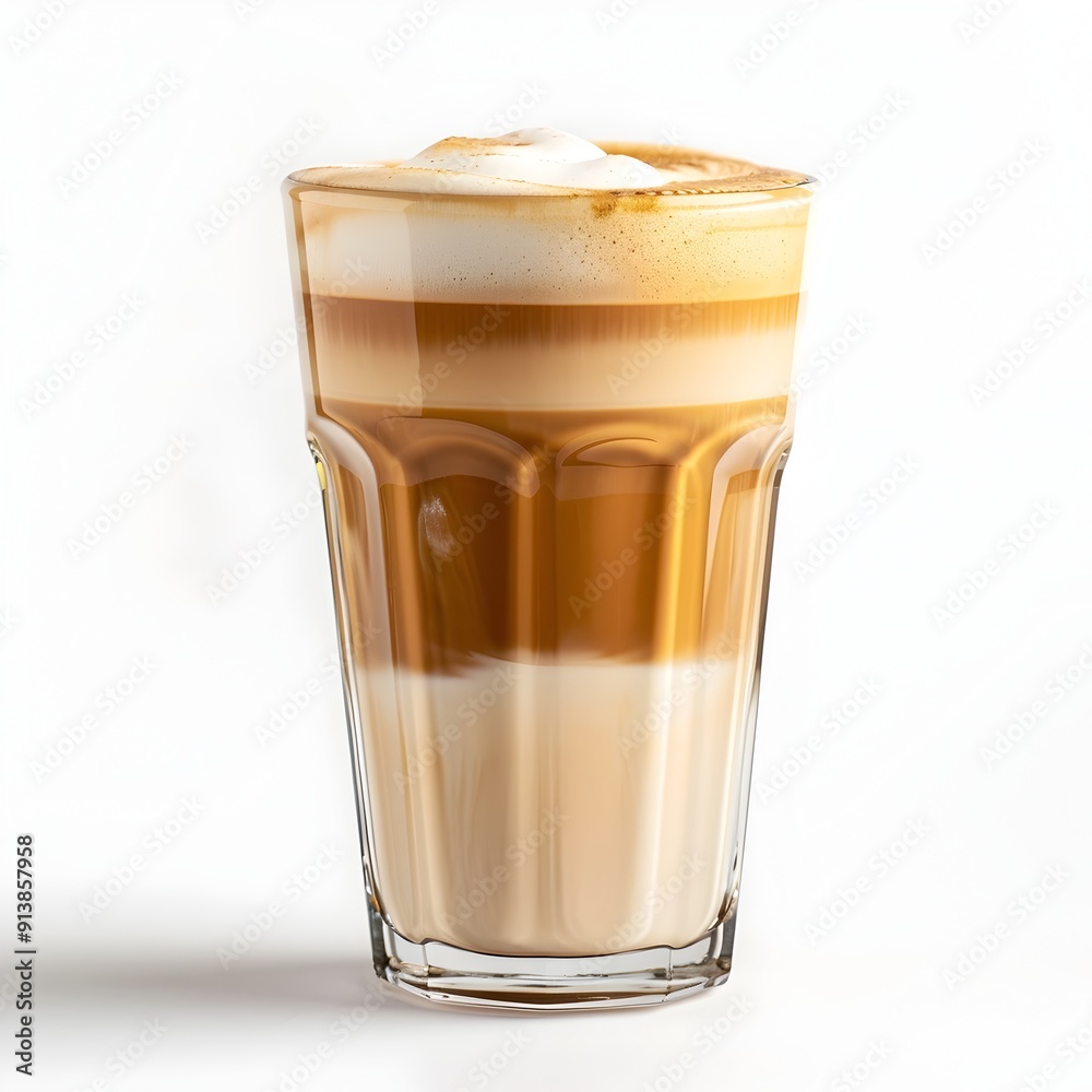 Perfectly Crafted Latte Macchiato in a Transparent Glass Cup on a White Background Perfectly Crafted Latte Macchiato in a Transparent Glass Cup on a White Background