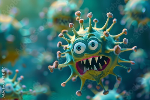 Slightly anthropomorphic virus dressed tee and friendly eyes. Virus dons tee appearing neither menacing nor malicious. Illustrating infection friendly and non-threatening outlook.