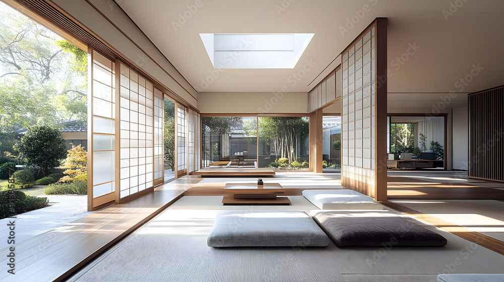 Modern Japanese Interior Design with Tatami Floor and Skylight - 3D Illustration Modern Japanese Interior Design with Tatami Floor and Skylight - 3D Illustration