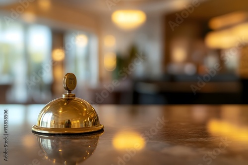 Close-up of a hotel reception bell on the desk, with a blurry background