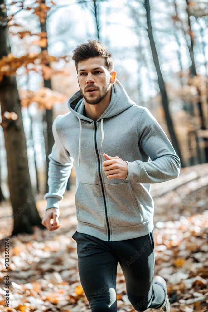 A young man, wearing a grey hoodie, is running through a forest with autumn leaves in the background, portraying an active lifestyle A young man, wearing a grey hoodie, is running through a forest with autumn leaves in the background, portraying an active lifestyle