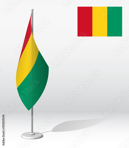 Guinea flag on flagpole for registration of solemn event, meeting foreign guests. National independence day of Guinea. Realistic 3D vector on white