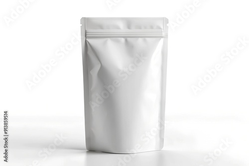 Blank white stand up pouch mockup. This isolated mockup shows a white stand up pouch with a zipper seal, ready for your branding or design. Perfect for showcasing your product packaging. photo