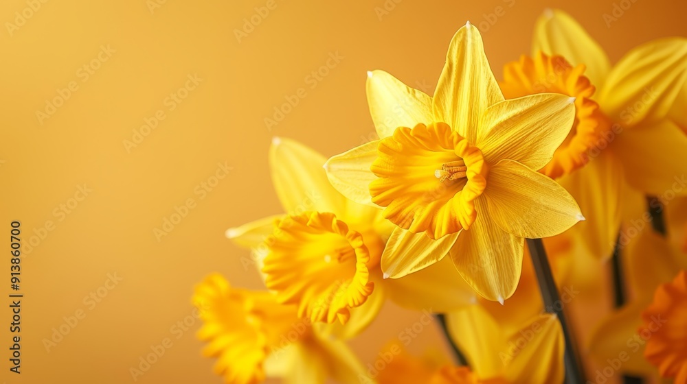 Obraz premium A vase filled with yellow daffodils sits atop a table against a yellow wall backdrop