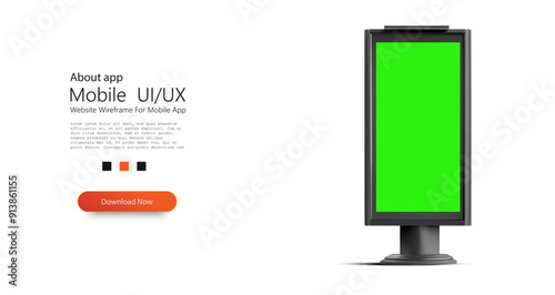 Digital signboard with a green screen standing on a white background, ready for custom content insertion perfect for advertising and display purposes. Vector illustration