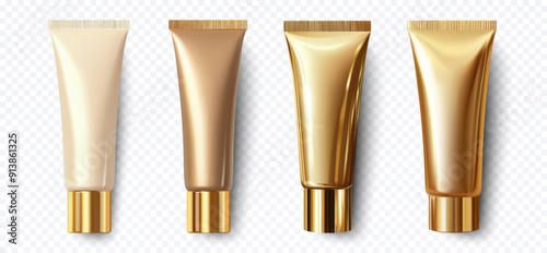 Four assorted cosmetic tubes in gold and beige shades displayed on a transparent background ideal for beauty and skincare product presentations. Luxurious gold and beige cosmetic tubes,3D vector.