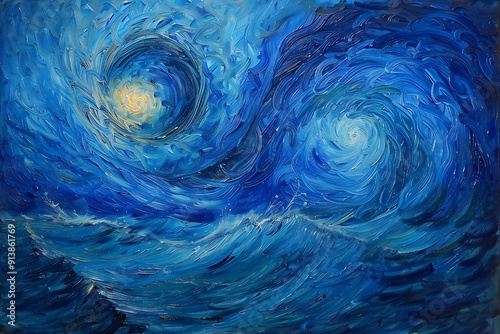 Swirling vortexes of cerulean and cobalt, depicting an abstract hurricane over a sea, with powerful, dynamic movement, intense and mesmerizing. photo