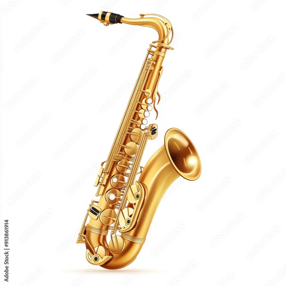 Fototapeta premium Shiny Realistic Saxophone in Polished Brass Isolated on White Background