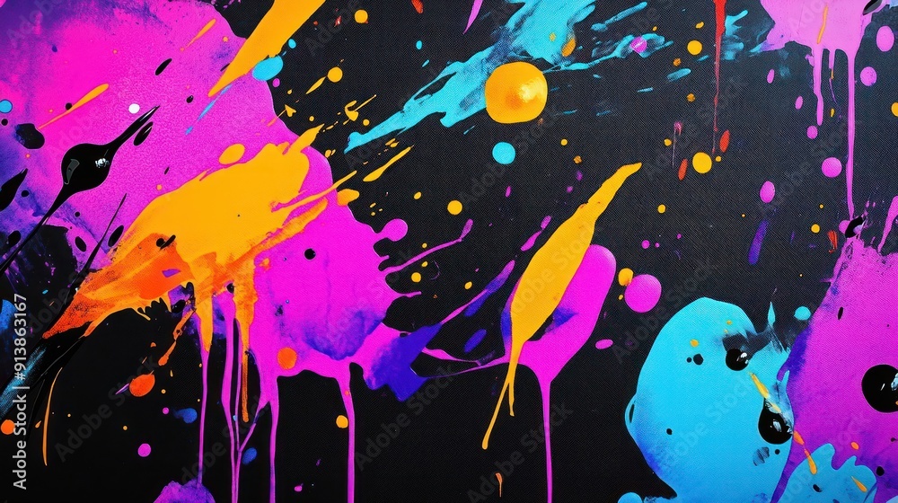 Abstract Painting with Vibrant Splashes of Pink, Blue, Orange, and Black on a Dark Background