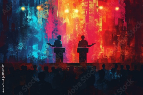 Two silhouetted figures debate on stage against dynamic background of vibrant red and blue colors, representing political opposition pre election debates for presidency