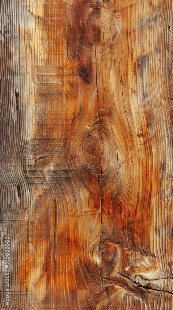 Naklejka premium A close-up photo shows a knotted wooden log with rough texture, brown and orange hues, and visible age marks. Knots add character and history to the wood, illuminated by warm light.