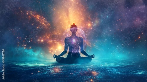 A woman meditating in the lotus position with a nebula galaxy background. Connect with the subconscious