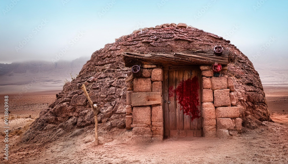 Exodus: The Bible Story about Pascha, Putting Blood on the Doorpost. Old stone hut with a heavy wooden door, left doorpost smeared with blood. Exodus: The Bible Story about Pascha, Putting Blood on the Doorpost. Old stone hut with a heavy wooden door, left doorpost smeared with blood.