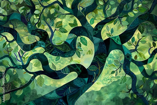 Twisting branches of a tree in abstract form, with leaves in shades of emerald and lime, creating intricate patterns and a sense of growth and life.