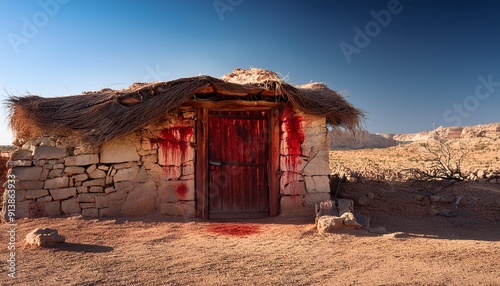 Exodus: The Bible Story about Pascha, Putting Blood on the Doorpost. Old stone hut with a heavy wooden door, left doorpost smeared with blood.