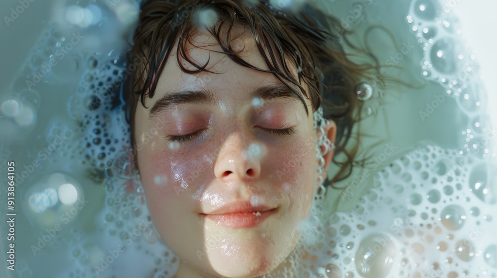Close-up of a woman’s serene face surrounded by bubbles while she relaxes in a bath, exuding tranquility and the simple pleasure of a rejuvenating soak. Close-up of a woman’s serene face surrounded by bubbles while she relaxes in a bath, exuding tranquility and the simple pleasure of a rejuvenating soak.