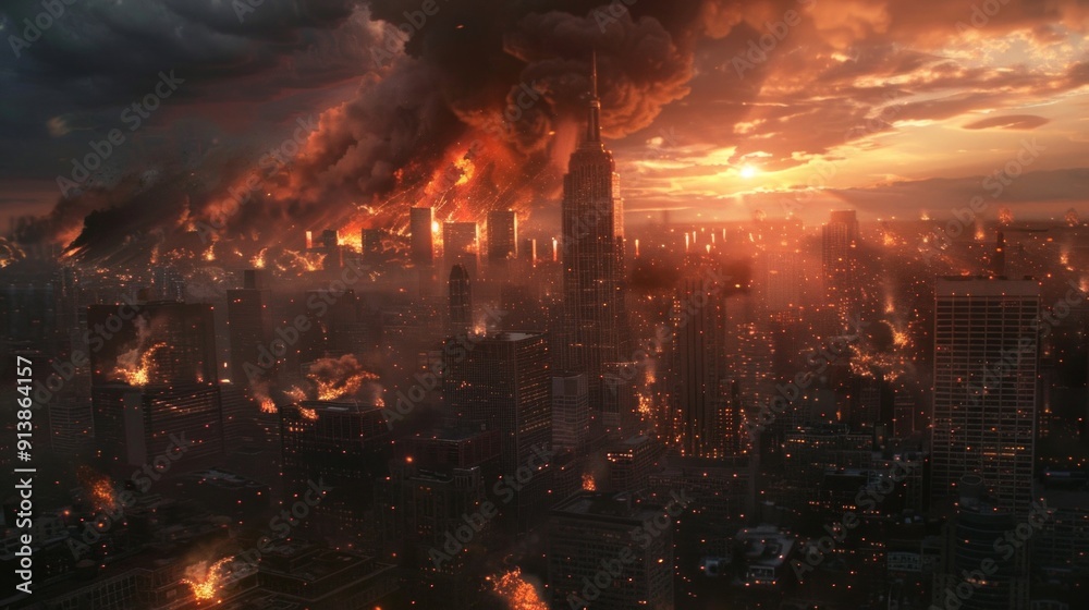 war theme. Chaos reigns in the metropolis: fire engulfs high-rise buildings, smoke fills the sky. A small plane takes to the air amidst the destruction. war theme. Chaos reigns in the metropolis: fire engulfs high-rise buildings, smoke fills the sky. A small plane takes to the air amidst the destruction.