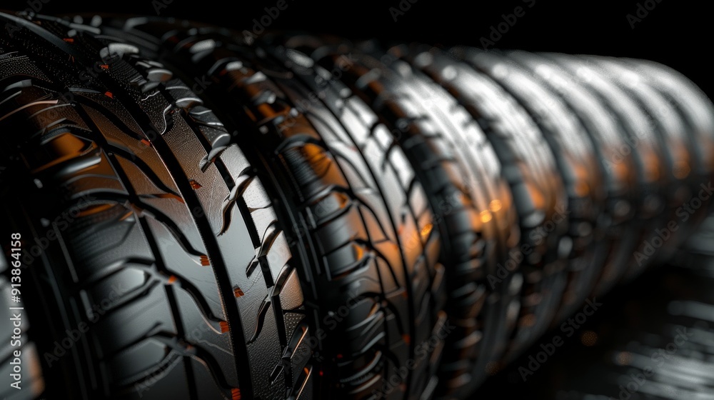 Row of vehicle tires on black background, black hue with reflective ...