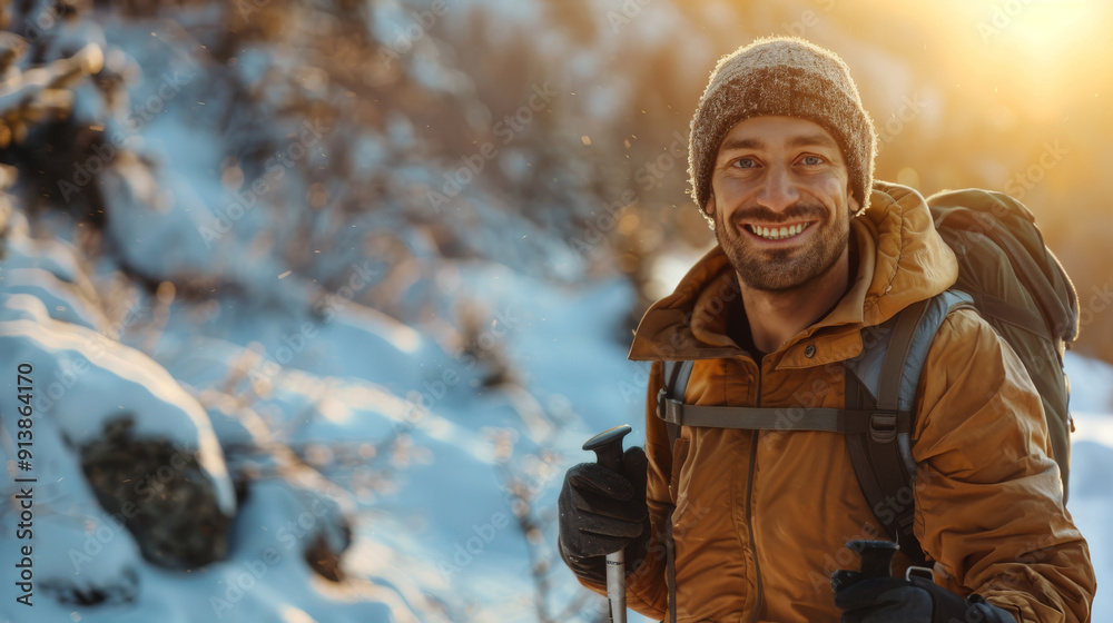 Fototapeta premium Cheerful mountain skier smiles at camera, enjoying beautiful sunset from snowy mountain peak, capturing joy of adventure evoking sense of happiness and freedom in nature