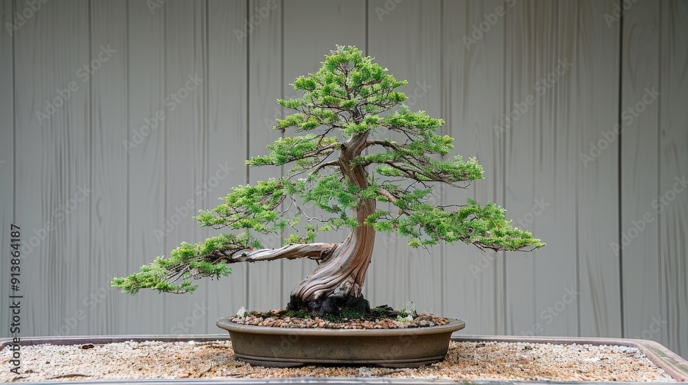 A cypress bonsai in Informal upright style, with a naturally curved trunk A cypress bonsai in Informal upright style, with a naturally curved trunk