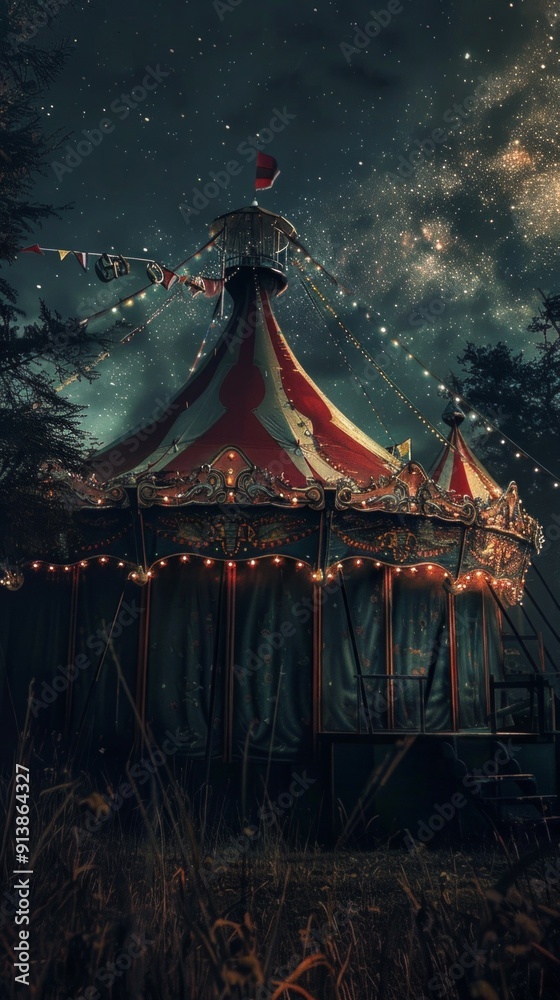A magical circus tent under a starry sky with glowing lights and a red ...