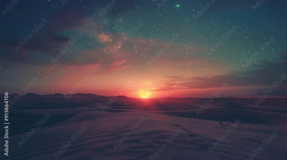 A stunning desert dawn with a radiant sunrise and starry sky, blending night and day in a hypnotic display of pastel colors and serene landscape. A stunning desert dawn with a radiant sunrise and starry sky, blending night and day in a hypnotic display of pastel colors and serene landscape.