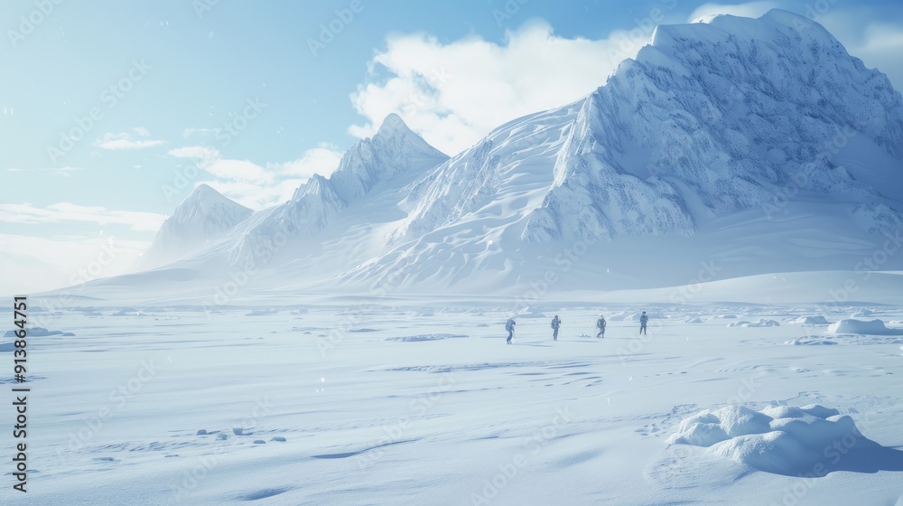 A group of explorers, dressed in bright gear, walk across a snowy, windswept arctic landscape towards towering, ice-covered mountains under a clear sky.