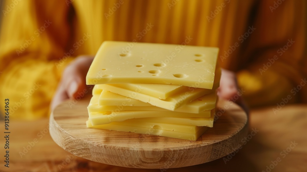 Woman holding a wooden board with slices of swiss cheese
