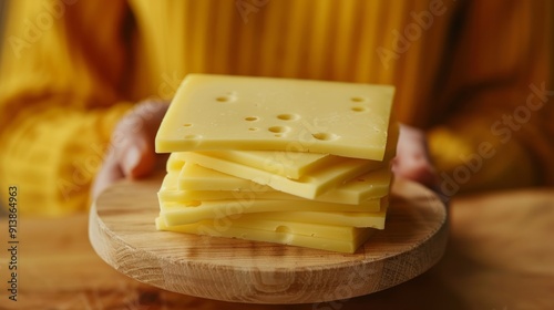 Obraz na płótnie Woman holding a wooden board with slices of swiss cheese w salonie