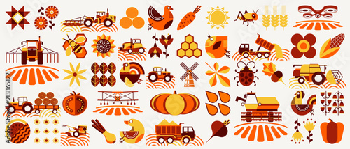Autumn pattern related to farm, farming, gardening, smart farm, farm birds, sowing. Mosaic style. Simple geometric shapes. White background of poultry, beekeeping, agricultural machinery, vegetables.