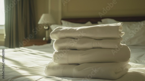 Sunlight gently illuminates a perfectly folded stack of white towels on a neatly arranged bed, reflecting cleanliness and comfort in a tranquil bedroom setting.