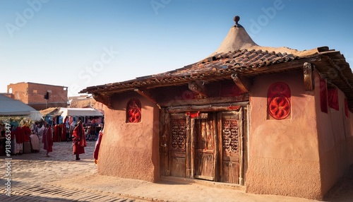 Exodus: The Bible Story about Pascha, Putting Blood on the Doorpost. Crumbling adobe house with a narrow wooden door, doorpost marked with blood. 