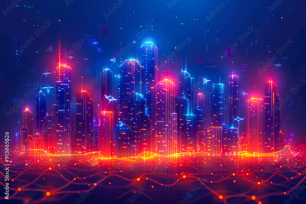Futuristic cityscape shining at night with data flowing through it
