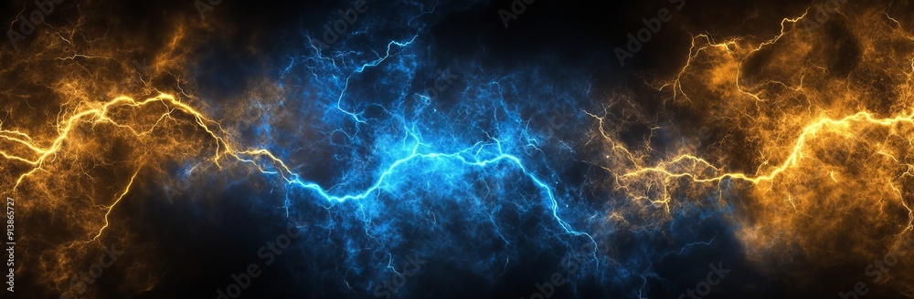 Light and thunder effect background. Blue and yellow bolts colliding. Lightning shock and magic storm versus concept. Particle explosion for battle design. Light and thunder effect background. Blue and yellow bolts colliding. Lightning shock and magic storm versus concept. Particle explosion for battle design.