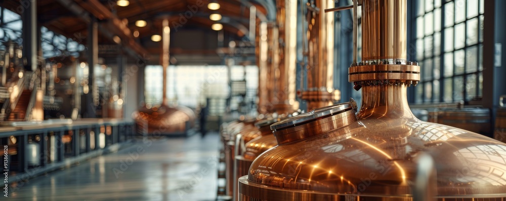 Industrial brewery with large copper brewing vats in modern factory setting Industrial brewery with large copper brewing vats in modern factory setting