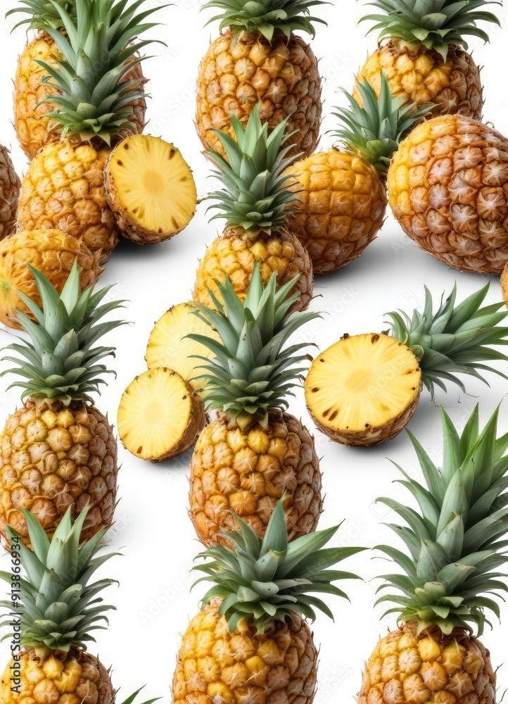 Pineapple set isolated on white background, clipping path, ai Pineapple set isolated on white background, clipping path, ai
