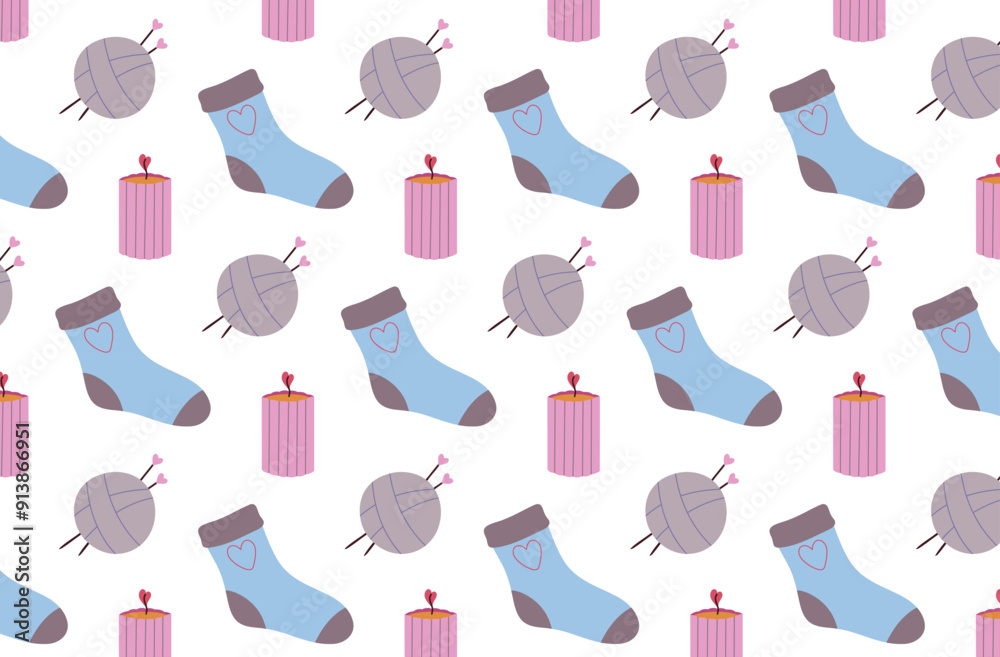 Seamless pattern with a ball of thread, socks, a candle. Seamless pattern with a ball of thread, socks, a candle.