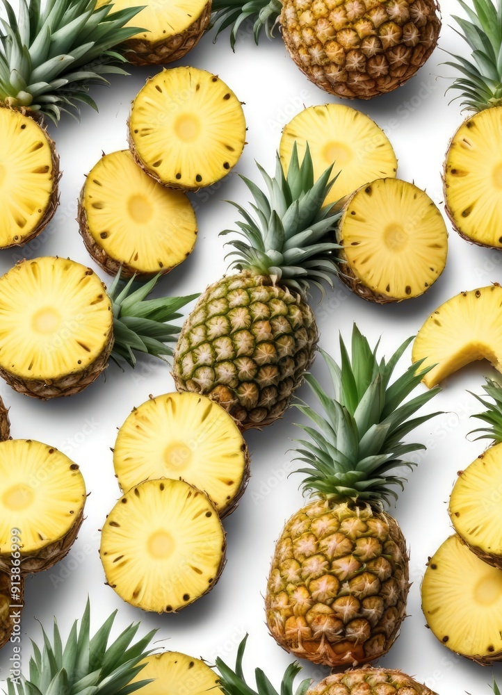 Pineapple set isolated on white background, clipping path, ai