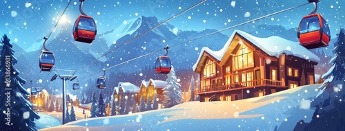 At night, a winter mountain resort with cable cars looks like a modern cartoon illustration of gondola lifts moving along a dark, snowy slope, stormy snowfall weather, wooden chalets and fir trees, photo