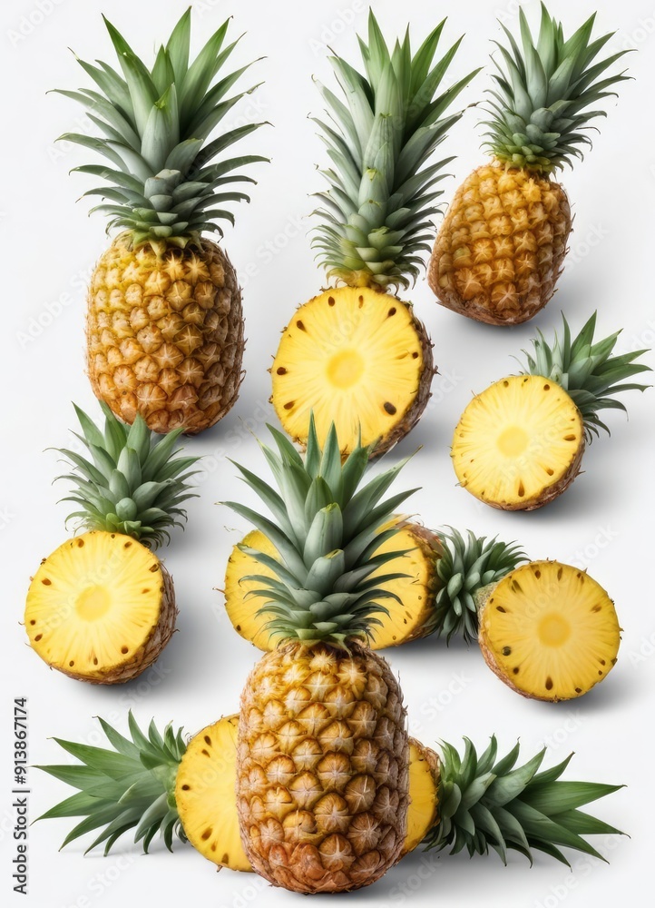 Pineapple set isolated on white background, clipping path, ai Pineapple set isolated on white background, clipping path, ai