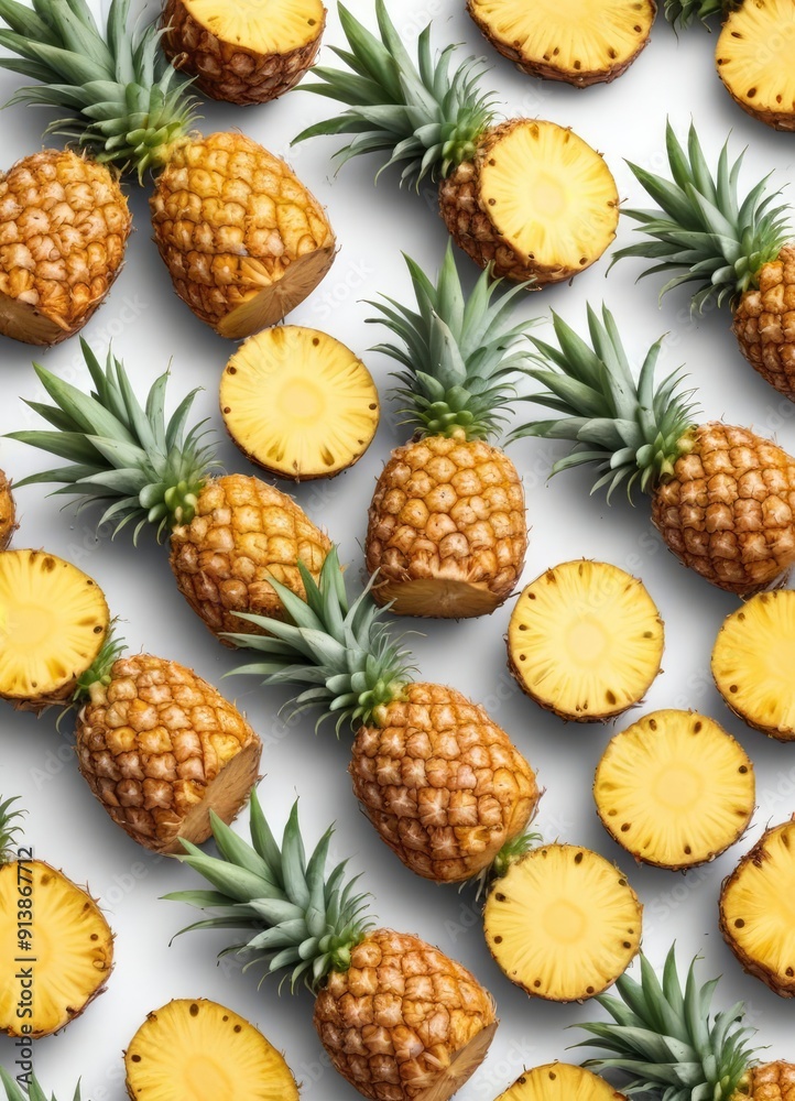 Pineapple set isolated on white background, clipping path, full depth of field, ai Pineapple set isolated on white background, clipping path, full depth of field, ai