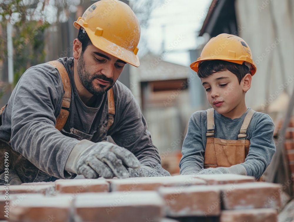 Bricklayer construction worker teaching an apprentice, passing on essential skills and knowledge to the next generation of masonry professionals Bricklayer construction worker teaching an apprentice, passing on essential skills and knowledge to the next generation of masonry professionals