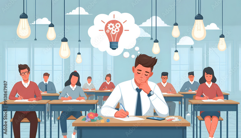 Exam at school with student's taking educational admission test in class, thinking hard, writing answer in university classroom, education and world literacy day concept 2d cartoon minimal Exam at school with student's taking educational admission test in class, thinking hard, writing answer in university classroom, education and world literacy day concept 2d cartoon minimal