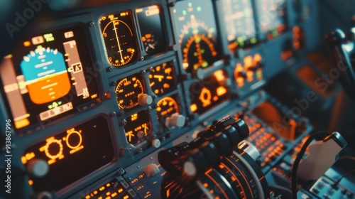 Close-up view of an aircraft cockpit's dashboard, showcasing illuminated flight instruments and control panels.